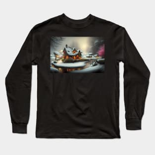 Magical Fantasy House with Lights in a Snowy Scene, Fantasy Cottagecore artwork Long Sleeve T-Shirt